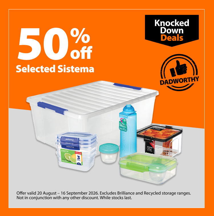 Selected Sistema, 50% off. Knocked Down Deals offer valid 20 August – 16 September 2026. Excludes Brilliance and Recycled storage ranges. Not in conjunction with any other discount. While stocks last.