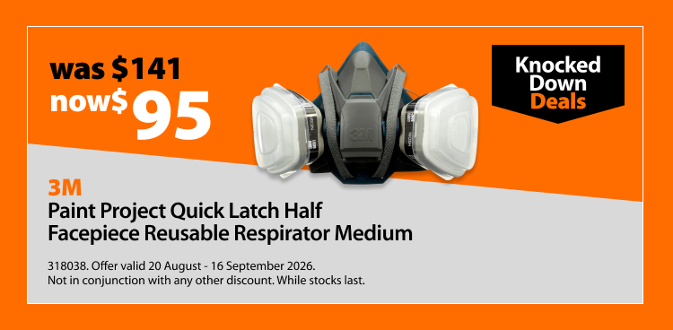 3M Paint Project Quick Latch Half Facepiece Reusable Respirator Medium, was $114 now $95. Offer valid 20 August - 16 September 2026. Not in conjunction with any other discount. While stocks last.