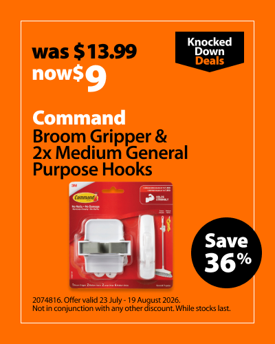 Command Broom Gripper & 2x Medium General Purpose Hooks, was $13.99 now $9, save 36%. Knocked Down Deals offer valid 23 July - 19 August 2026. Not in conjunction with any other discount. While stocks last.