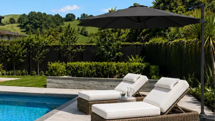 Outdoor umbrella shading a seating area