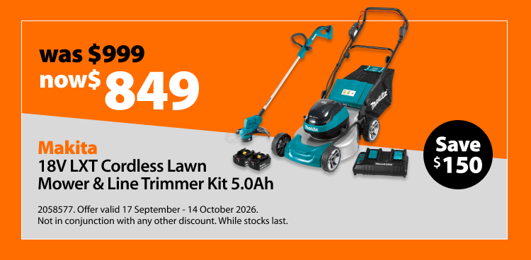 Makita 18V LXT Cordless Lawn Mower & Line Trimmer Kit 5.0Ah, was $999 now $849. Offer valid 17 September - 14 October 2026. Not in conjunction with any other discount. While stocks last.