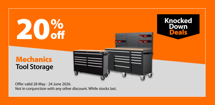 Mechanics Tool Storage, 20% off. Knocked Down Deals offer valid 28 May – 24 June 2026. Not in conjunction with any other discount. While stocks last.
