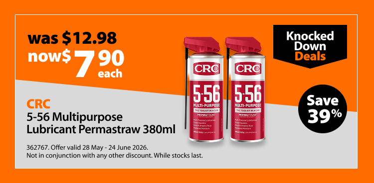 CRC 5-56 Multipurpose Lubricant Permastraw 380ml, was $12.98 now $7 each, save 39%. Knocked Down Deals offer valid 28 May - 24 June 2026. Not in conjunction with any other discount. While stocks last.