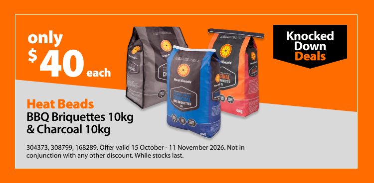 Heat Beads BBQ Briquettes 10kg & Charcoal 10kg, only $40 each. Knocked Down Deals offer valid 15 October - 11 November 2026. Not in conjunction with any other discount. While stocks last.