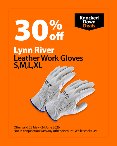 Lynn River Leather Work Gloves S, M, L, XL, 30% off. Knocked Down Deals offer valid 28 May - 24 June 2026. Not in conjunction with any other discount. While stocks last.