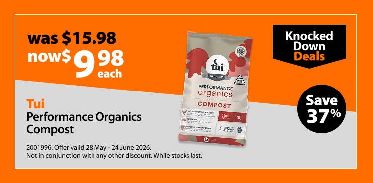 Tui Performance Organics Compost, was $14.98 now $9.98 each, save 33%. Knocked Down Deals offer valid 28 May - 24 June 2026. Not in conjunction with any other discount. While stocks last.