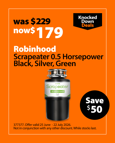 Robinhood Scrapeater 0.5 Horsepower, Black, Silver, Green, was $229 now $179, save $50. Knocked Down Deals offer valid 25 June – 22 July 2026. Not in conjunction with any other discount. While stocks last.