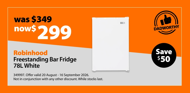 Robinhood Freestanding Bar Fridge 78L White, was $349 now $299, save $50. Offer valid 20 August - 16 September 2026. Not in conjunction with any other discount. While stocks last.