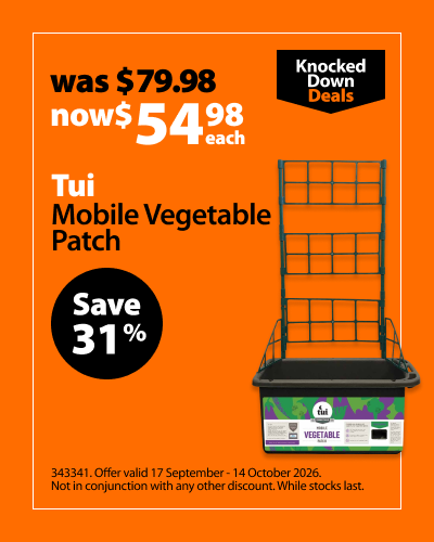 Tui Mobile Vegetable Patch, was $79.98 now $54.98 each, save 31%. Knocked Down Deals offer valid 17 September - 14 October 2026. Not in conjunction with any other discount. While stocks last.