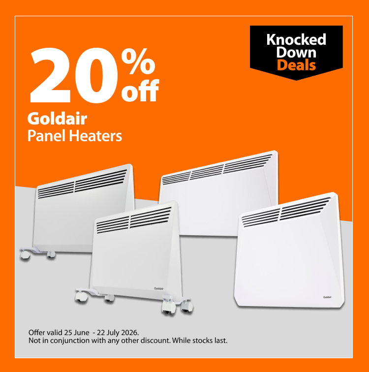 Goldair Panel Heaters. Knocked Down Deals offer valid 25 June - 22 July 2026. Not in conjunction with any other discount. While stocks last. Assorted white panel heaters shown.