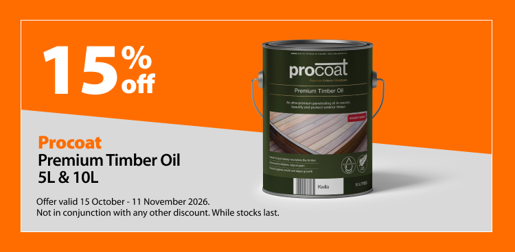 Procoat Premium Timber Oil 5L & 10L, 15% off. Offer valid 15 October - 11 November 2026. Not in conjunction with any other discount. While stocks last.