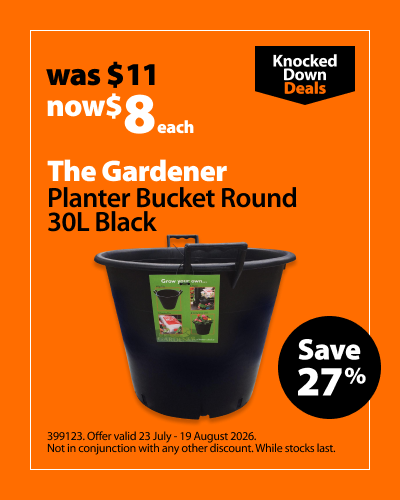 The Gardener Planter Bucket Round 30L Black, was $11 now $8 each, save 27%. Knocked Down Deals offer valid 23 July - 19 August 2026. Not in conjunction with any other discount. While stocks last.