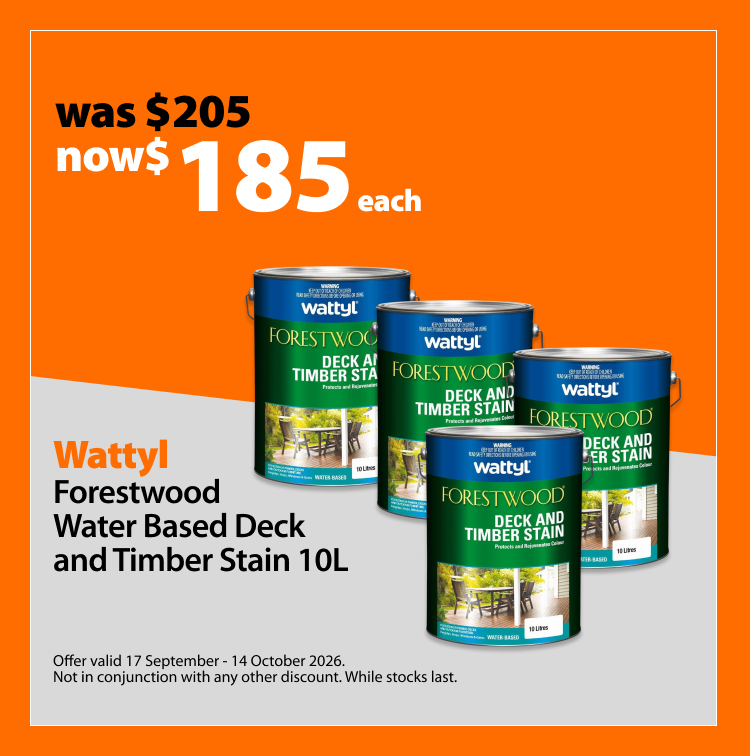 Wattyl Forestwood Water Based Deck and Timber Stain 10L, 10% off. Offer valid 17 September – 14 October 2026. Not in conjunction with any other discount. While stocks last.