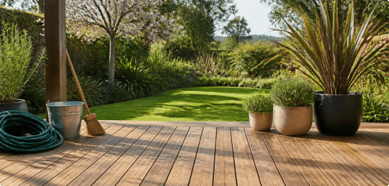 Timber deck beside a garden lawn, ready for warmer weather