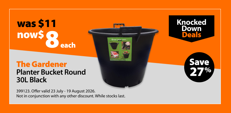 The Gardener Planter Bucket Round 30L Black, was $11 now $8 each, save 27%. Knocked Down Deals offer valid 23 July - 19 August 2026. Not in conjunction with any other discount. While stocks last.