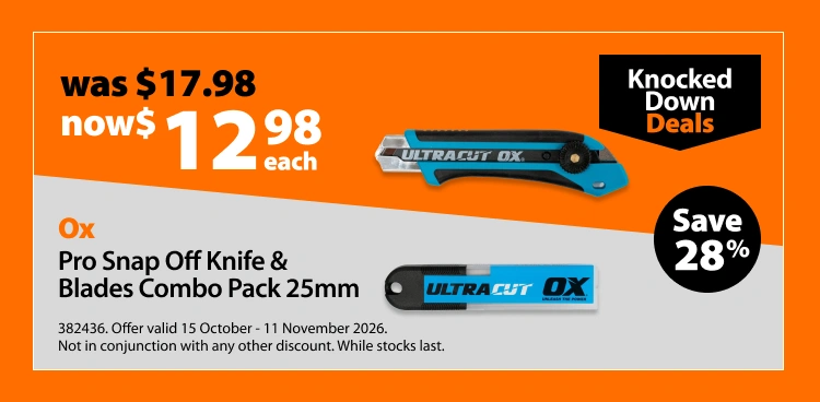 Ox Pro Snap Off Knife & Blades Combo Pack 25mm, was $17.98 now $12.98 each. Knocked Down Deals offer valid 15 October - 11 November 2026. Not in conjunction with any other discount. While stocks last.