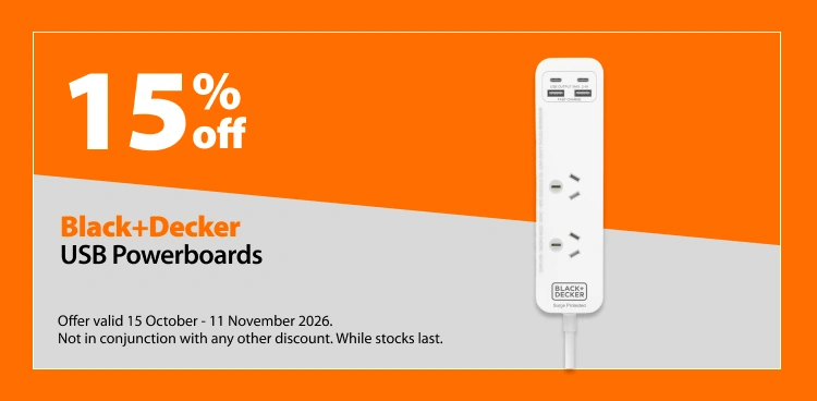 Black+Decker USB Powerboards, 15% off. Offer valid 15 October - 11 November 2026. Not in conjunction with any other discount. While stocks last.