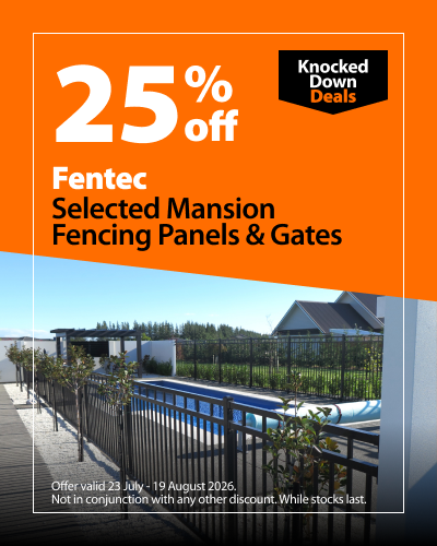 Fentec Selected Mansion Fencing Panels & Gates, 25% off. Knocked Down Deals offer valid 23 July - 19 August 2026. Not in conjunction with any other discount. While stocks last.