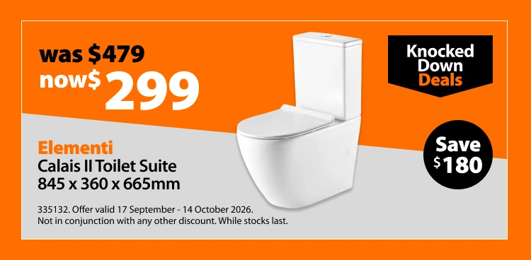 Elementi Calais II Toilet Suite 845 x 360 x 665mm, was $479 now $299. Knocked Down Deals offer valid 17 September - 14 October 2026. Not in conjunction with any other discount. While stocks last.