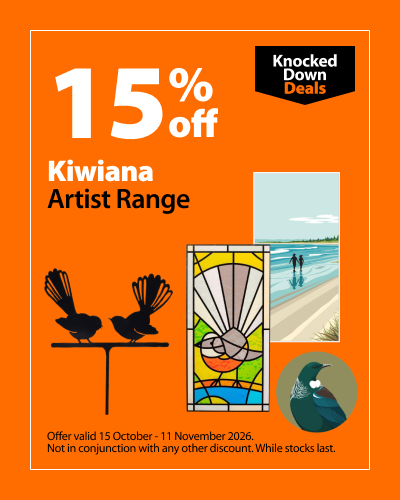 Kiwiana Artist Range, 15% off. Knocked Down Deals offer valid 15 October - 11 November 2026. Not in conjunction with any other discount. While stocks last.