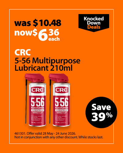 CRC 5-56 Multipurpose Lubricant 210ml, was $10.48 now $6.36 each, save 39%. Knocked Down Deals offer valid 28 May - 24 June 2026. Not in conjunction with any other discount. While stocks last.
