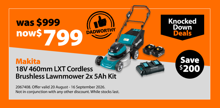 Makita 18V 460mm LXT Cordless Brushless Lawnmower 2x 5Ah Kit, was $999 now $799, save $200. Knocked Down Deals offer valid 20 August - 16 September 2026. Not in conjunction with any other discount. While stocks last.