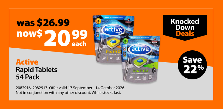 Active Rapid Tablets 54 Pack, was $26.99 now $20.99 each. Knocked Down Deals offer valid 17 September - 14 October 2026. Not in conjunction with any other discount. While stocks last.