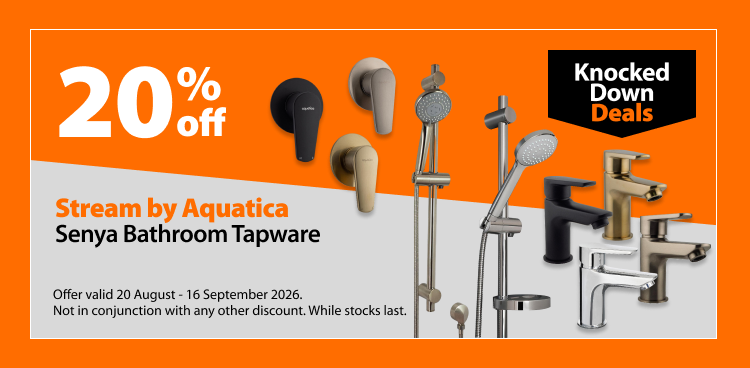 Stream by Aquatica Senya Bathroom Tapware, 20% off. Knocked Down Deals offer valid 20 August - 16 September 2026. Not in conjunction with any other discount. While stocks last.