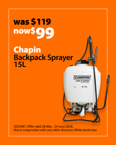 Chapin Backpack Sprayer 15L, was $119 now $99. Offer valid 28 May - 24 June 2026. Not in conjunction with any other discount. While stocks last.