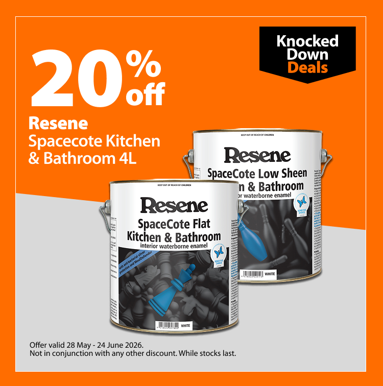 Resene SpaceCote Kitchen & Bathroom 4L, 20% off. Knocked Down Deals offer valid 28 May – 24 June 2026. Not in conjunction with any other discount. While stocks last.