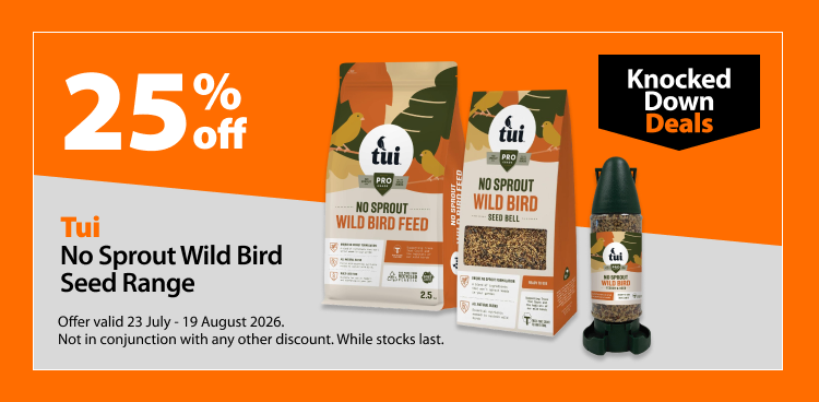 Tui No Sprout Wild Bird Seed Range, 25% off. Knocked Down Deals offer valid 23 July - 19 August 2026. Not in conjunction with any other discount. While stocks last.