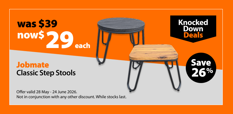 Jobmate Classic Step Stools, was $39 now $29 each, save 26%. Knocked Down Deals offer valid 28 May - 24 June 2026. Not in conjunction with any other discount. While stocks last.