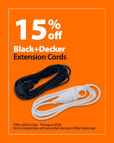 Black+Decker Extension Cords, 15% off. Offer valid 23 July - 19 August 2026. Not in conjunction with any other discount. While stocks last.
