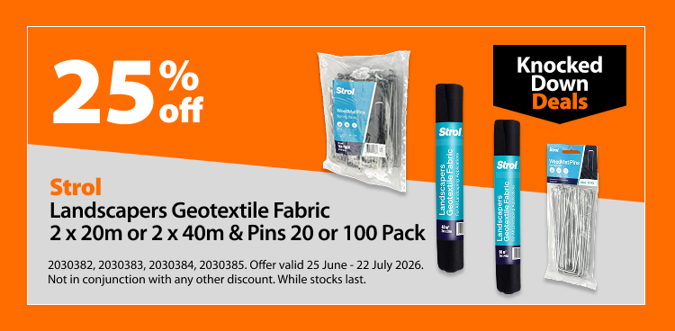 Strol Landscapers Geotextile Fabric 2 x 20m or 2 x 40m and Pins 20 or 100 Pack. 25% off Knocked Down Deals offer valid 25 June – 22 July 2026. Not in conjunction with any other discount. While stocks last.