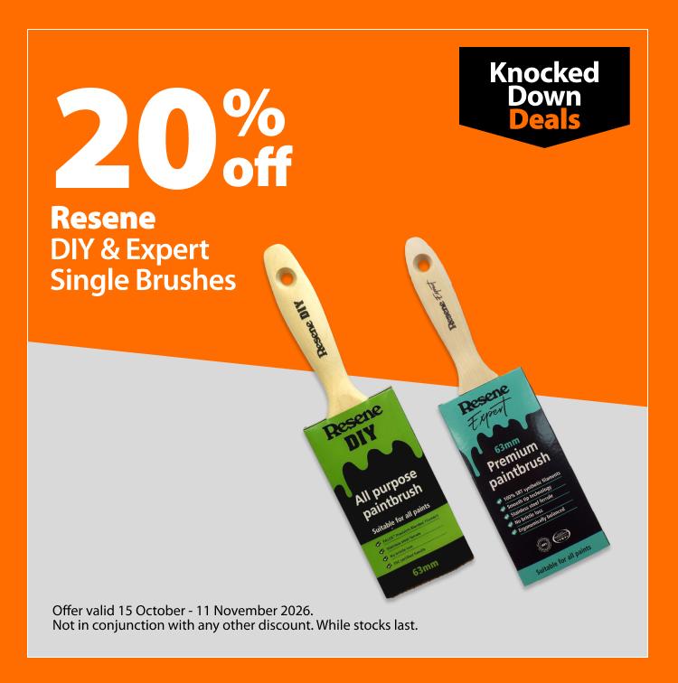 Resene DIY & Expert Single Brushes, 20% off. Knocked Down Deals offer valid 15 October – 11 November 2026. Not in conjunction with any other discount. While stocks last.