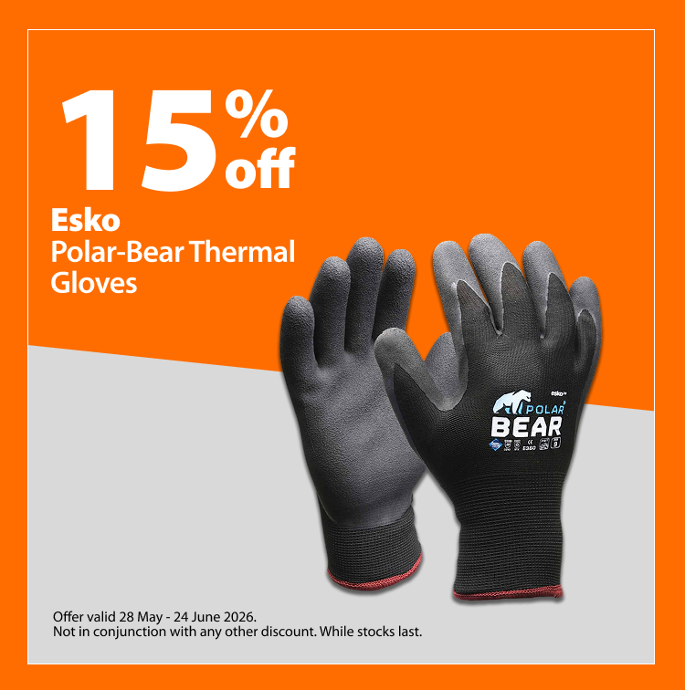 Esko Polar-Bear Thermal Gloves, 15% off. Offer valid 28 May – 24 June 2026. Not in conjunction with any other discount. While stocks last.