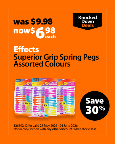 Effects Superior Grip Spring Pegs Assorted Colours, was $9.98 now $6.98 each, save 30%. Knocked Down Deals offer valid 28 May 2026 - 24 June 2026. Not in conjunction with any other discount. While stocks last.