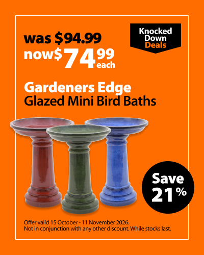 Gardeners Edge Glazed Mini Bird Baths, was $94.99 now $74.99 each. Knocked Down Deals offer valid 15 October - 11 November 2026. Not in conjunction with any other discount. While stocks last.