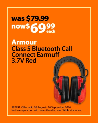 Armour Class 5 Bluetooth Call Connect Earmuff 3.7V Red, was $79.99 now $69.99 each. Offer valid 20 August - 16 September 2026. Not in conjunction with any other discount. While stocks last.