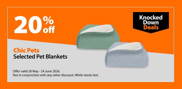Chic Pets Selected Pet Blankets, 20% off. Knocked Down Deals offer valid 28 May - 24 June 2026. Not in conjunction with any other discount. While stocks last.