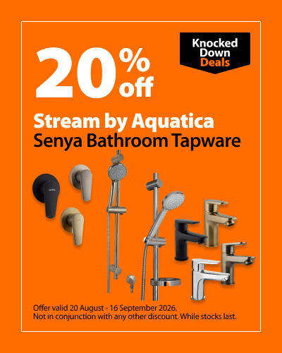 Stream by Aquatica Senya Bathroom Tapware, 20% off. Knocked Down Deals offer valid 20 August - 16 September 2026. Not in conjunction with any other discount. While stocks last.