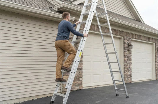 Climbing up a ladder following the safety tips