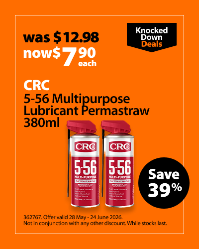 CRC 5-56 Multipurpose Lubricant Permastraw 380ml, was $12.98 now $7 each, save 39%. Knocked Down Deals offer valid 28 May - 24 June 2026. Not in conjunction with any other discount. While stocks last.
