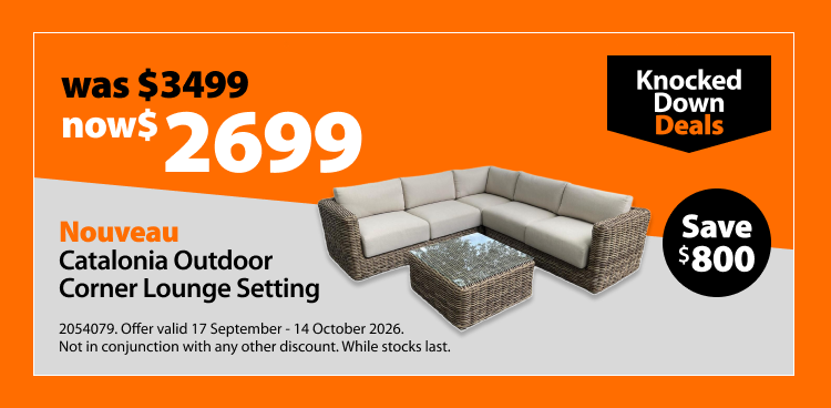 Nouveau Catalonia Outdoor Corner Lounge Setting, was $3499 now $2699. Knocked Down Deals offer valid 17 September - 14 October 2026. Not in conjunction with any other discount. While stocks last.