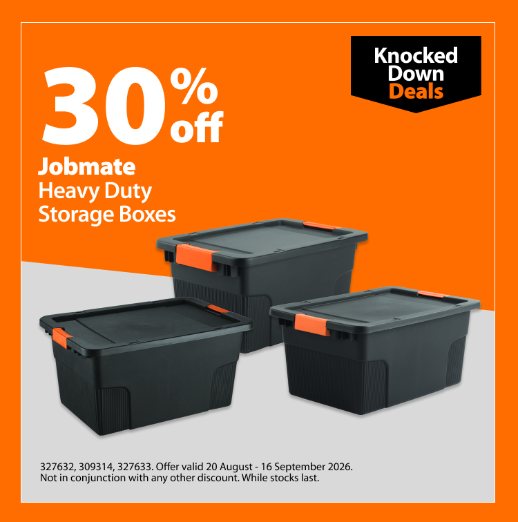 Jobmate Heavy Duty Storage Boxes, 30% off. Knocked Down Deals offer valid 20 August – 16 September 2026. Not in conjunction with any other discount. While stocks last.