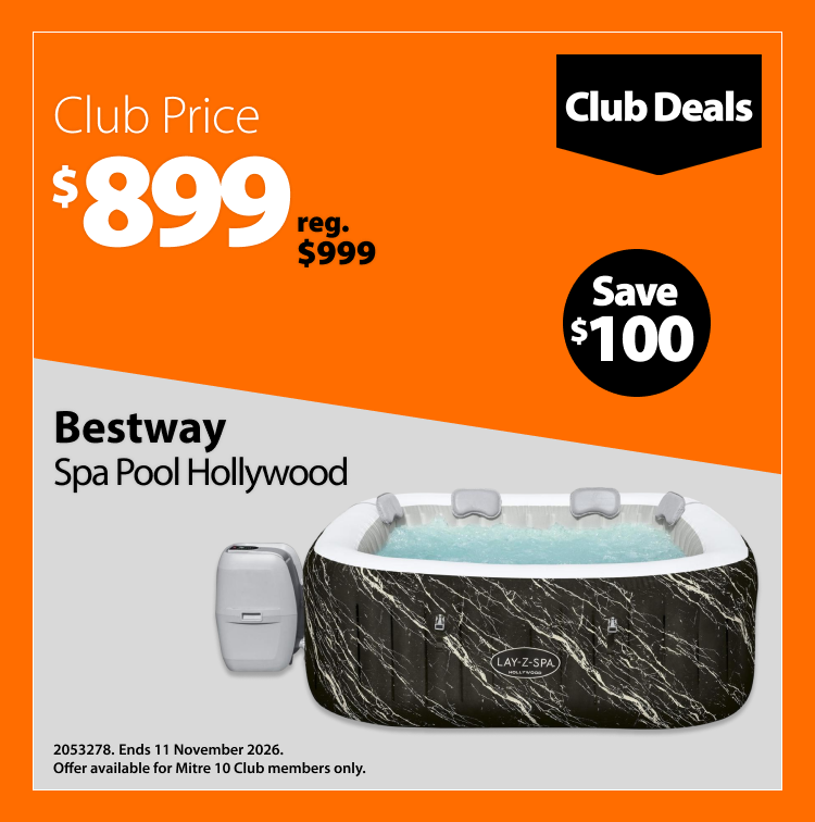 Bestway Spa Pool Hollywood, Club Price $899, regular price $999, save $100. Club Deals offer valid until 11 November 2026. Offer available for Mitre 10 Club members only.