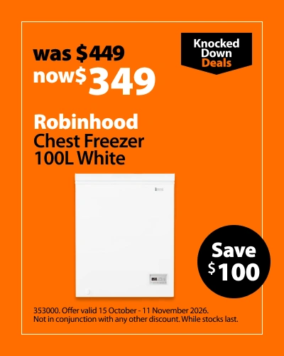 Robinhood Chest Freezer 100L White, was $449 now $349. Knocked Down Deals offer valid 15 October - 11 November 2026. Not in conjunction with any other discount. While stocks last.