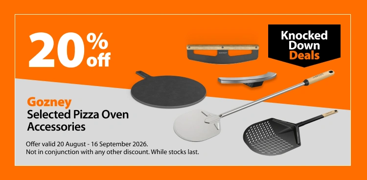 Gozney Selected Pizza Oven Accessories, 20% off. Knocked Down Deals offer valid 20 August - 16 September 2026. Not in conjunction with any other discount. While stocks last.