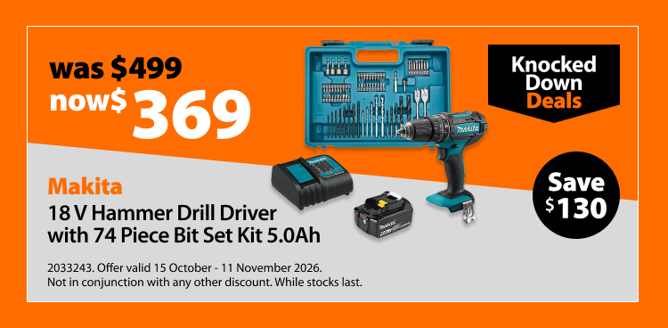 Makita 18V Hammer Drill Driver with 74 Piece Bit Set Kit 5.0Ah, was $499 now $369. Knocked Down Deals offer valid 15 October - 11 November 2026. Not in conjunction with any other discount. While stocks last.