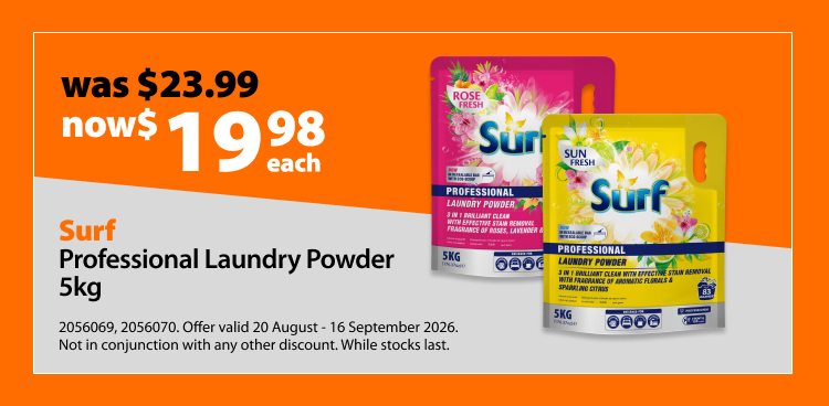 Surf Professional Laundry Powder 5kg, was $23.99 now $19.98 each. Offer valid 20 August - 16 September 2026. Not in conjunction with any other discount. While stocks last.